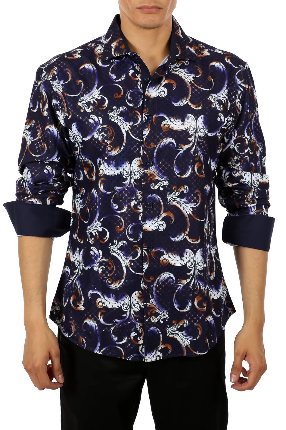 Men's Purple Baroque Pattern Button Up Long Sleeve Dress Shirt
