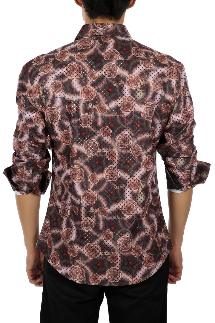 Graphic Rose Print Button Up Long Sleeve Dress Shirt