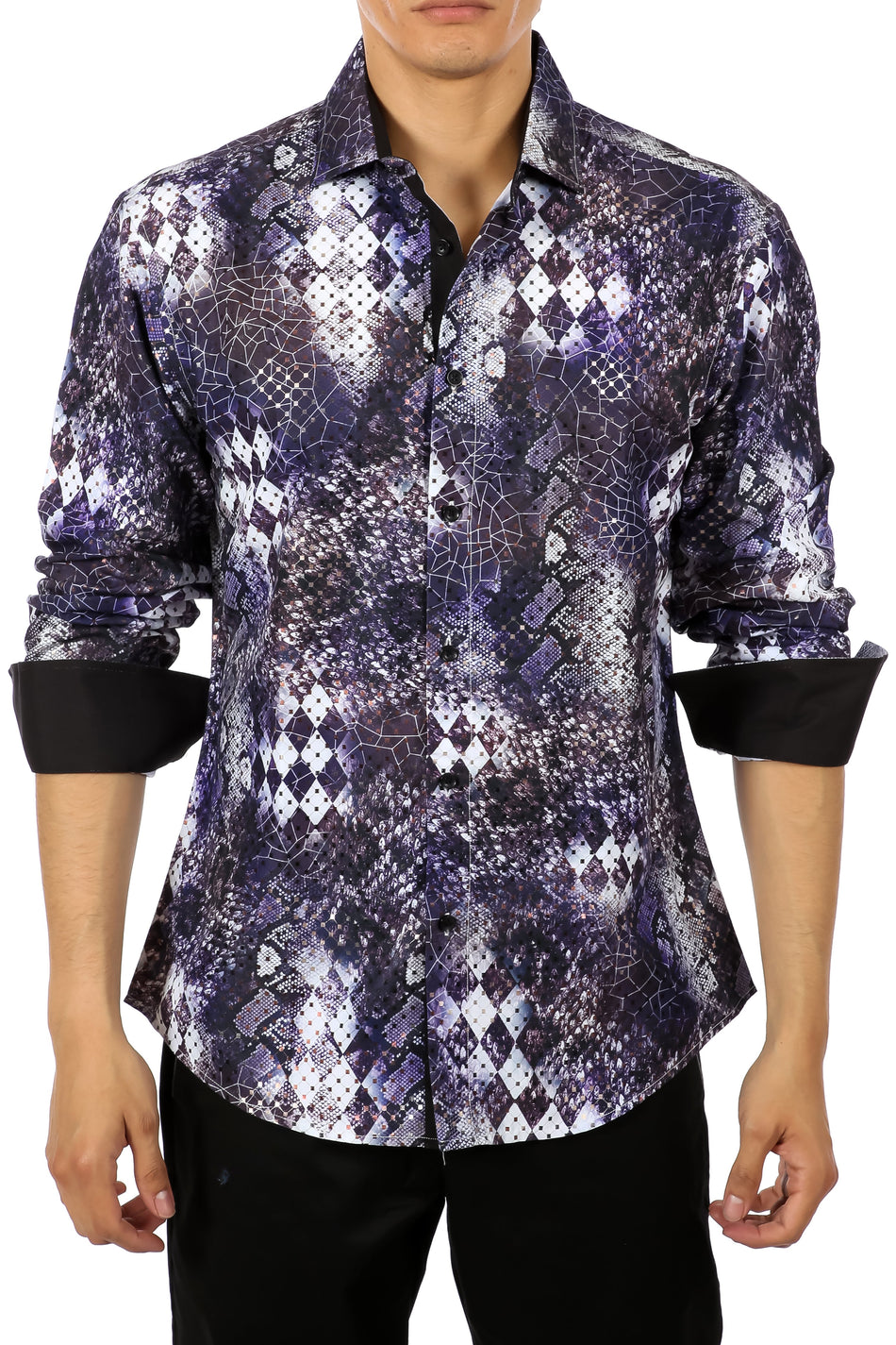 Snakeskin Print Metallic Accent Purple Button Up Long Sleeve Dress Shirt