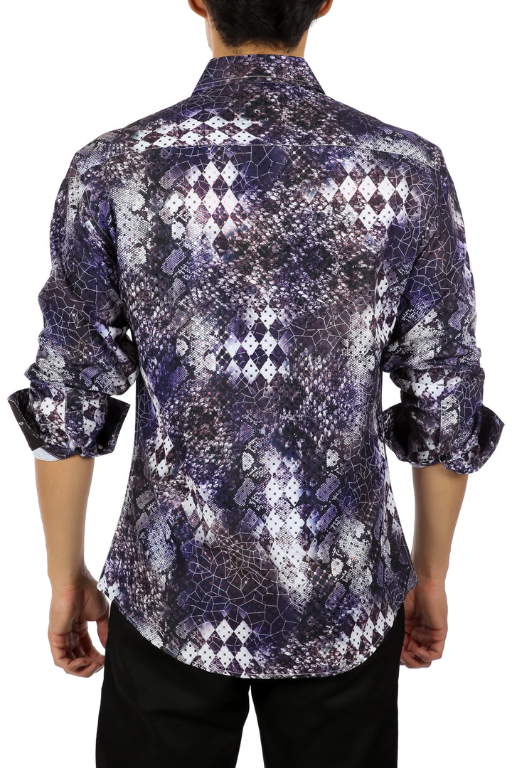 Snakeskin Print Metallic Accent Purple Button Up Long Sleeve Dress Shirt