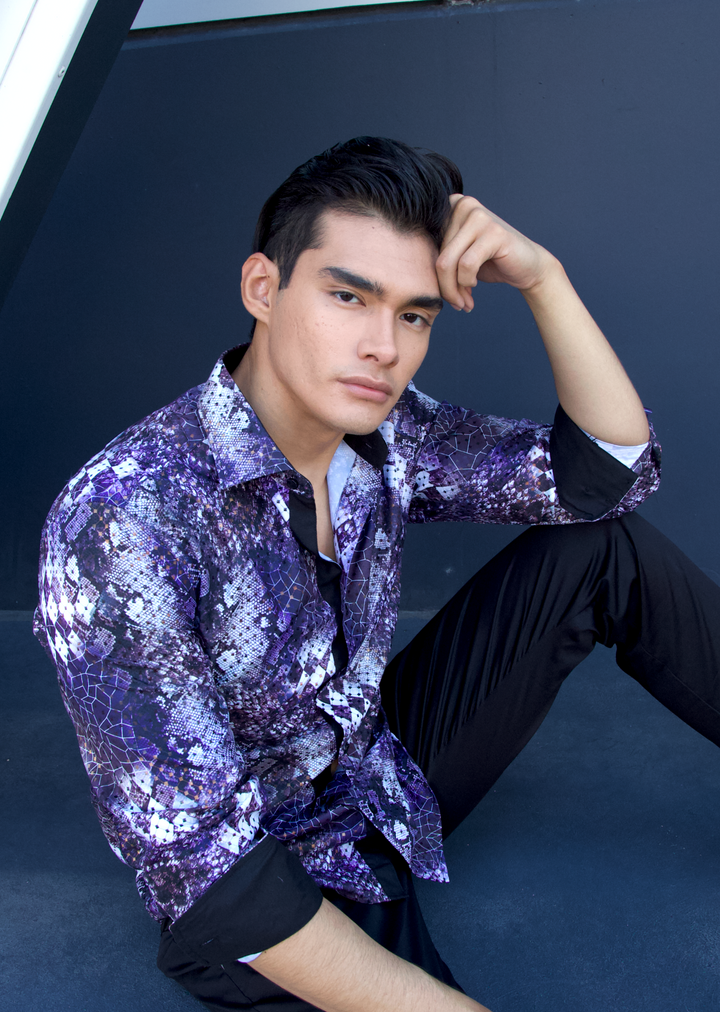 Snakeskin Print Metallic Accent Purple Button Up Long Sleeve Dress Shirt