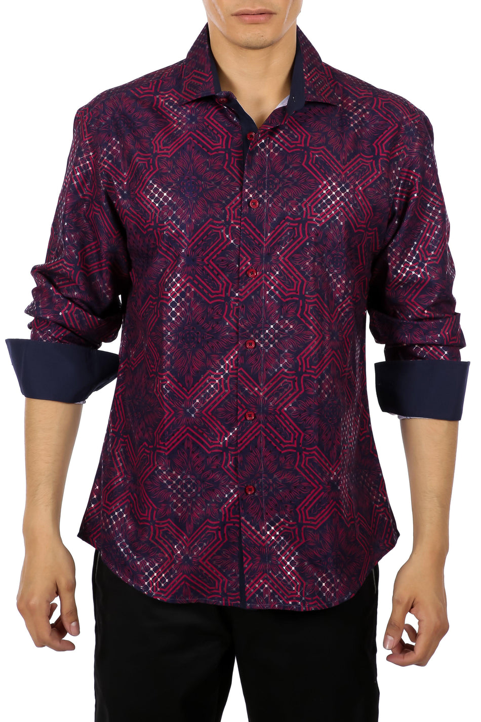 Men's Printed Purple Button Up Long Sleeve Dress Shirt