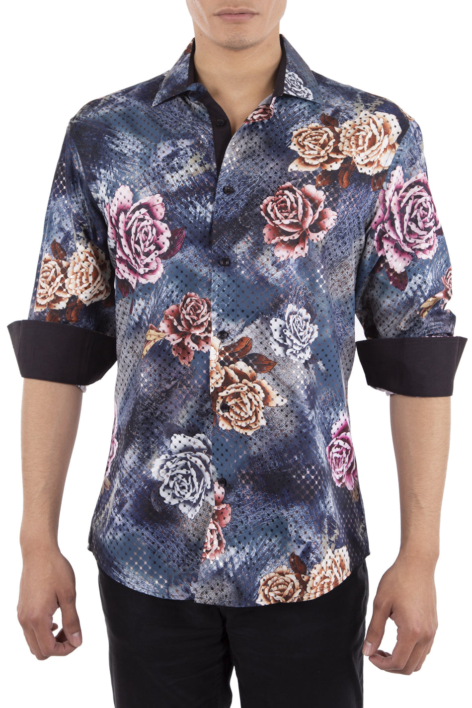 Men's Cyber Rose Navy Button Up Long Sleeve Dress Shirt