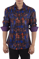 Abstract Orange and Blue Button Up Long Sleeve Dress Shirt