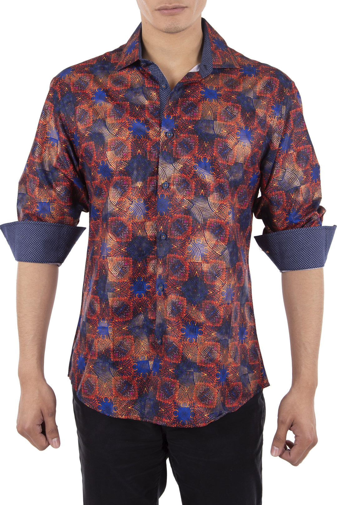 Abstract Checkered Print Red Long Sleeve Dress Shirt