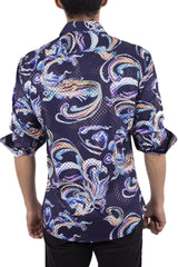 Trippy Flourish Print Metallic Overlay Navy Button Up Long Sleeve Dress Shirt