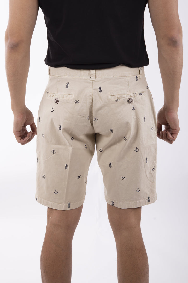 Mixed Nautical Print Cotton Shorts Khaki