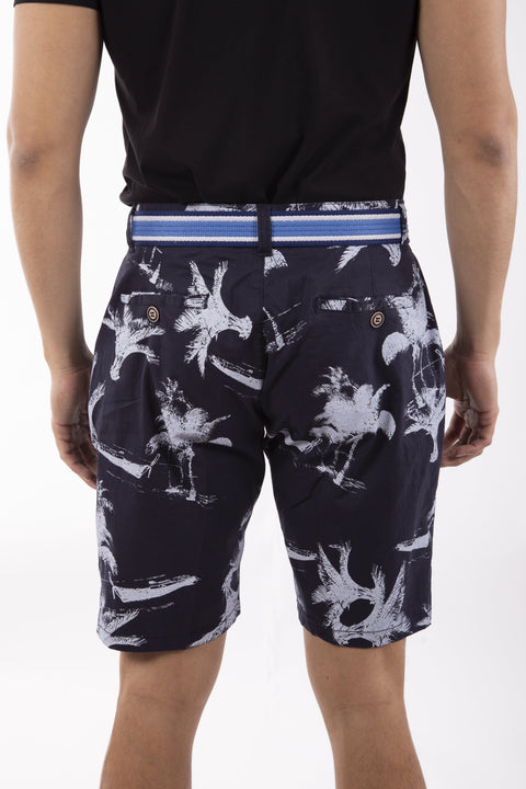 Island Print Belted Cotton Shorts Navy