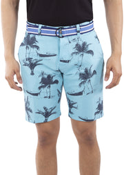 Island Print Belted Cotton Shorts White
