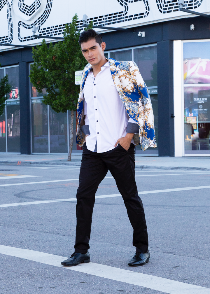 Abstract Baroque Blue Cheetah Print Evening Blazer White