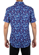 Abstract Vine Pattern Short Sleeve Dress Shirt Navy