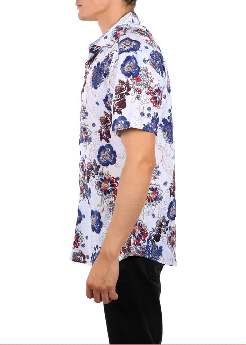Abstract Floral Print Short Sleeve Dress Shirt White