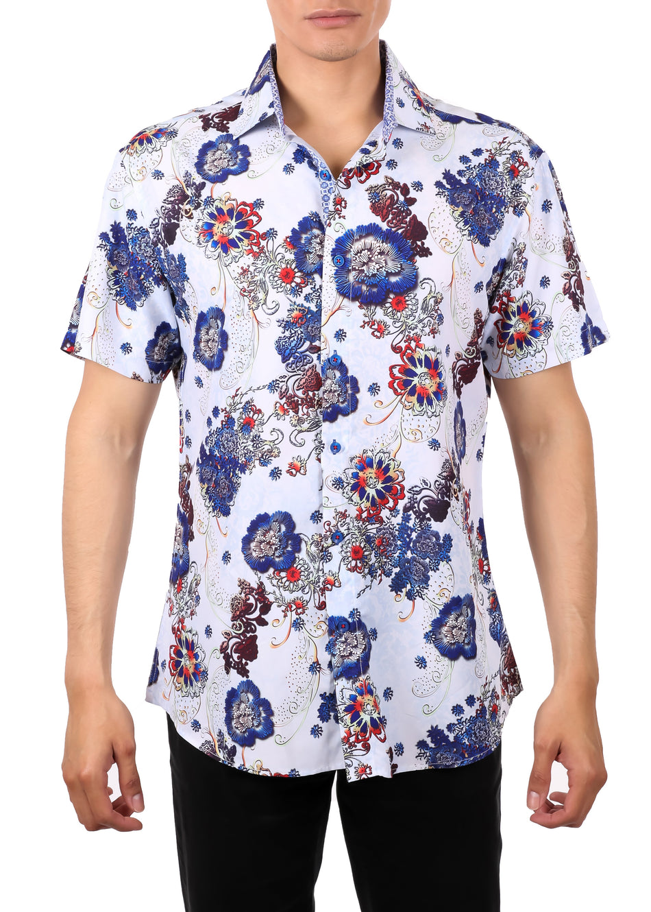 Abstract Floral Print Short Sleeve Dress Shirt White
