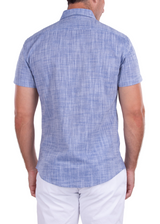 Classic Linen Short Sleeve Button Up Dress Shirt Blue