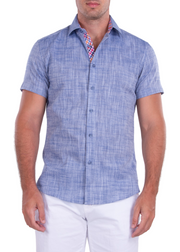 Classic Linen Short Sleeve Button Up Dress Shirt Blue
