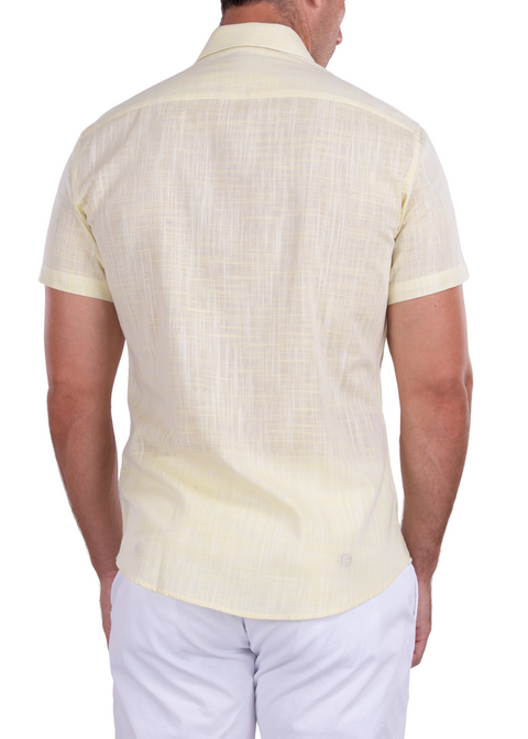 Classic Linen Short Sleeve Button Up Dress Shirt Yellow