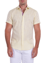 Classic Linen Short Sleeve Button Up Dress Shirt Yellow