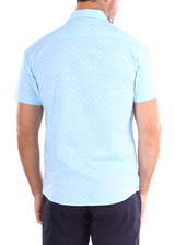Men's Stitched Micro-Pattern Blue Linen Short Sleeve Dress Shirt