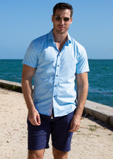 Men's Stitched Micro-Pattern Blue Linen Short Sleeve Dress Shirt
