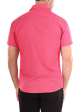 202128 - Men's Window Pane Pattern Red Button Up Short Sleeve Dress Shirt