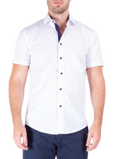 202136 - Men's Stitched Detail White Linen Button Up Short Sleeve Dress Shirt