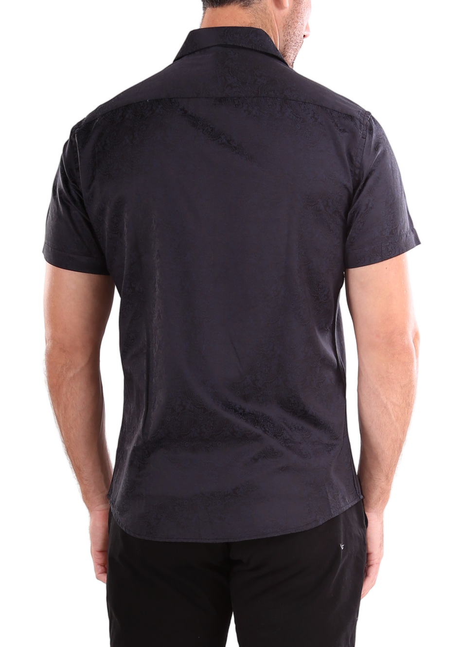 202144 - Men's Solid Black Paisley Texture Short Sleeve Dress Shirt