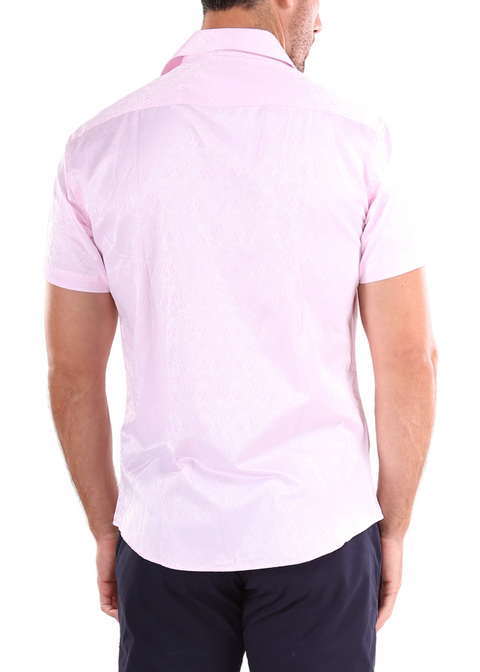 Men's Solid Pink Paisley Texture Short Sleeve Dress Shirt