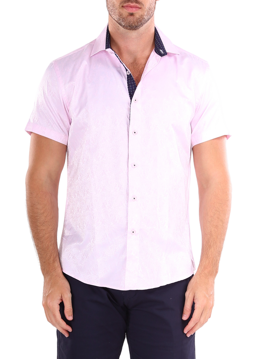 Men's Solid Pink Paisley Texture Short Sleeve Dress Shirt by BESPOKE MODA Men's Solid Pink Paisley Texture Short Sleeve Dress Shirt by BESPOKE MODA