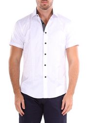 202144 - Men's Solid White Paisley Texture Short Sleeve Dress Shirt