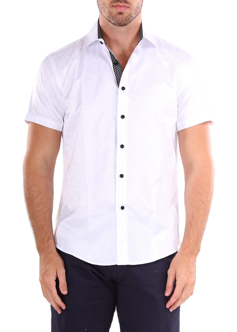 Men's Solid White Paisley Texture Short Sleeve Dress Shirt