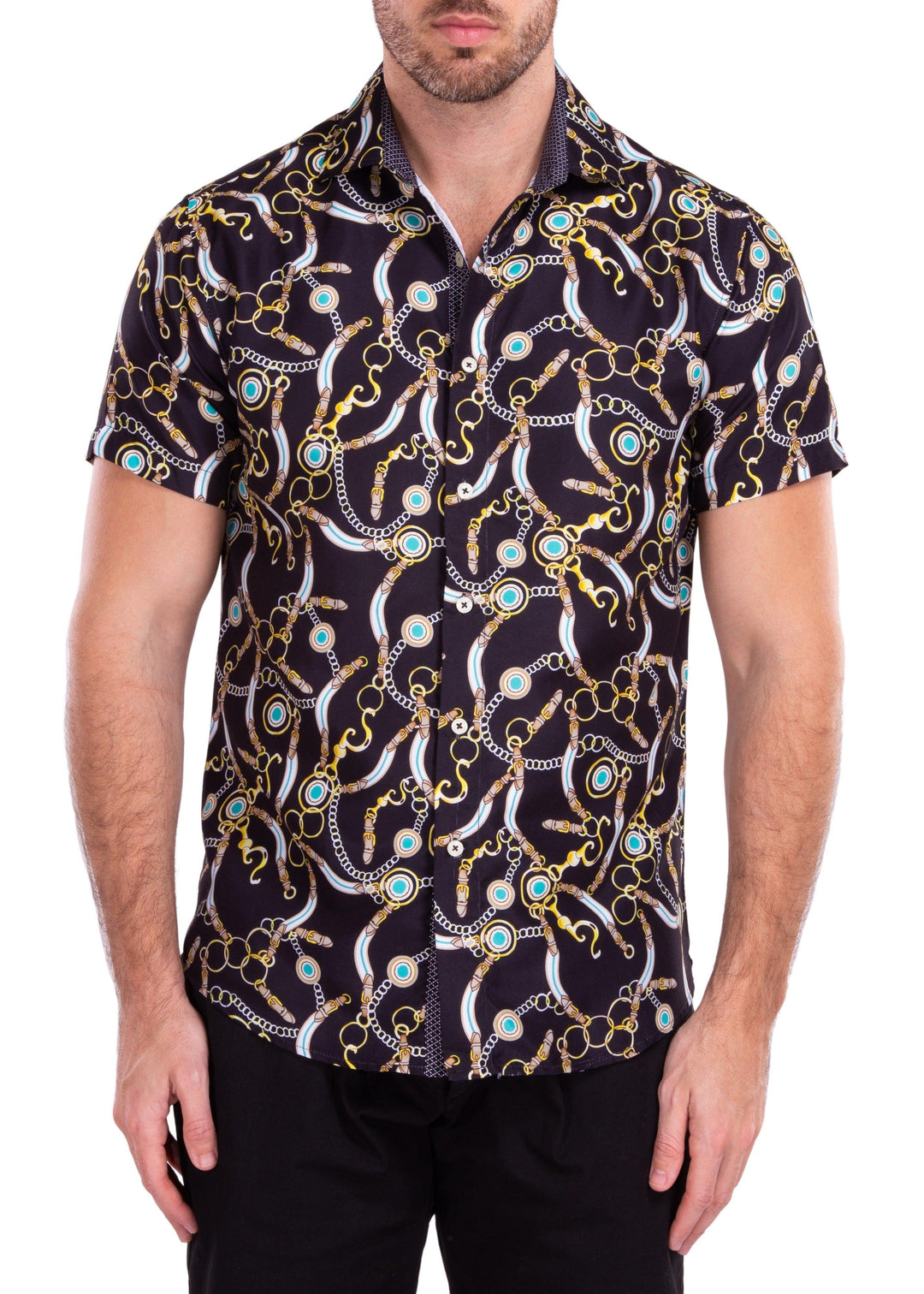 Vintage Chain Print Black Button Up Short Sleeve Dress Shirt Black / XL Vintage Chain Print Black Button Up Short Sleeve Dress Shirt Black / XL