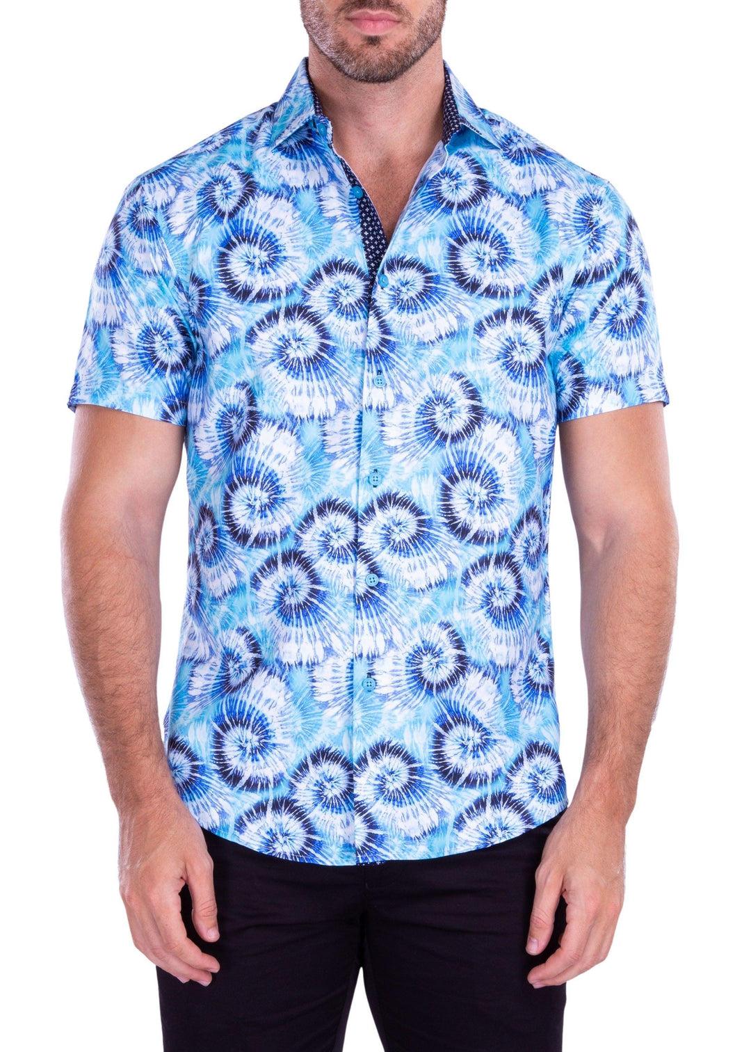 Spiral Tie-Dye Print Short Sleeve Dress Shirt Turquoise Turquoise / 4X Spiral Tie-Dye Print Short Sleeve Dress Shirt Turquoise Turquoise / 4X