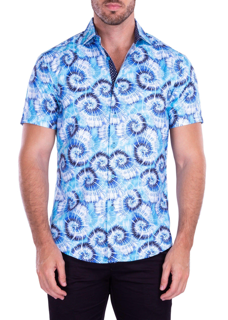 Spiral Tie-Dye Print Short Sleeve Dress Shirt Turquoise Turquoise / 4X