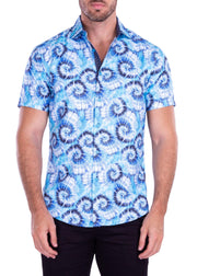 Spiral Tie-Dye Print Short Sleeve Dress Shirt Turquoise