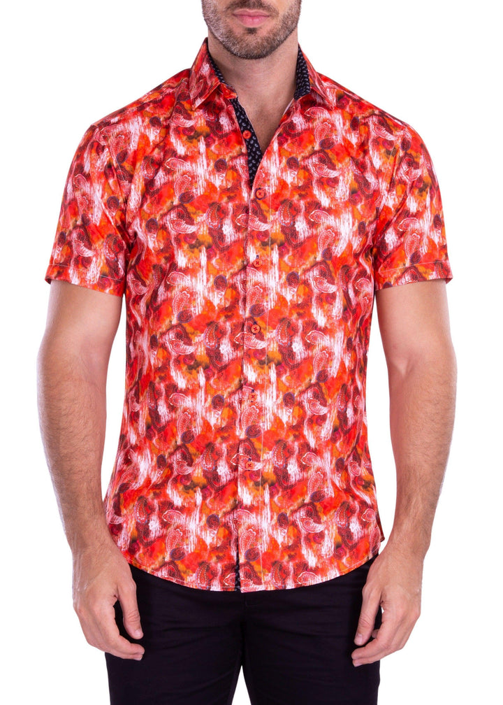 Trippy Watercolor Paisley Short Sleeve Dress Shirt Red