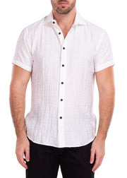 Linen Crinkle Texture White Button Up Short Sleeve Dress Shirt