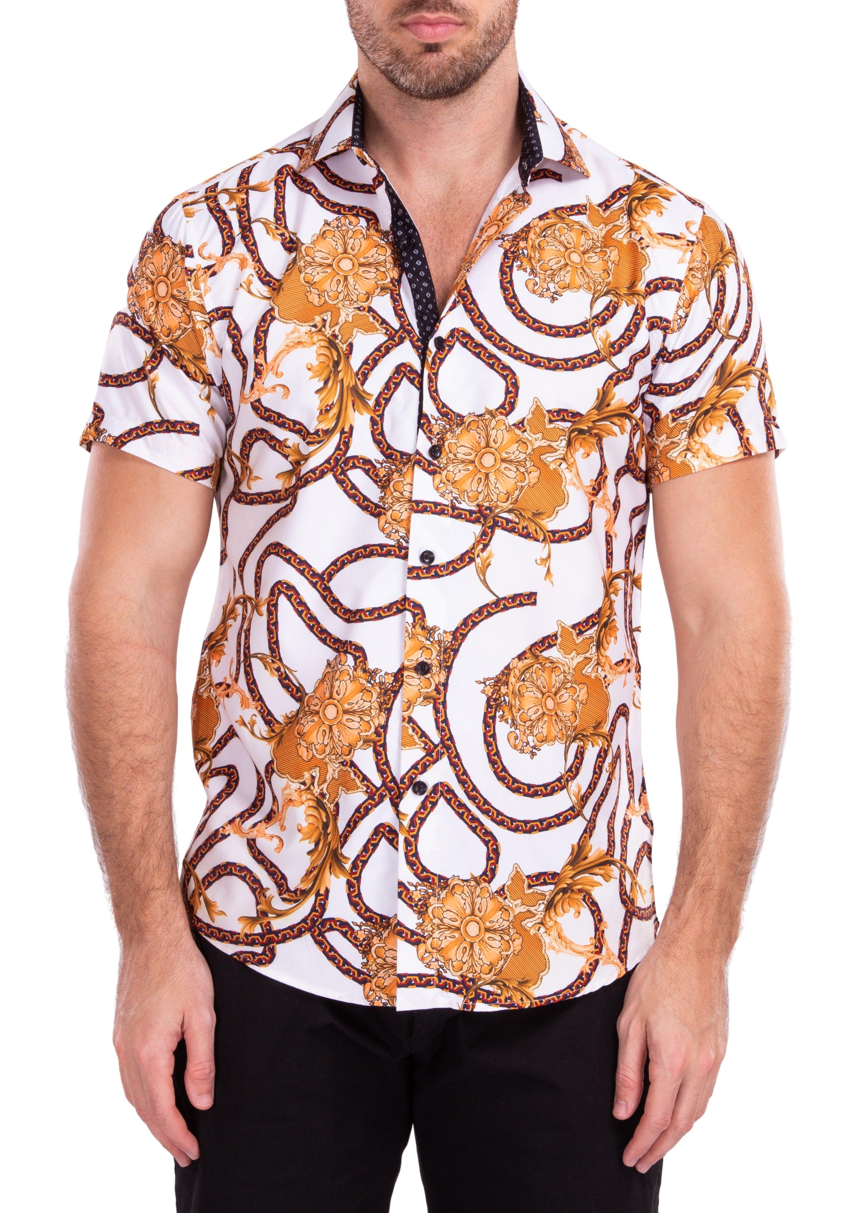 Antique Gold Floral Motif White Button Up Short Sleeve Dress