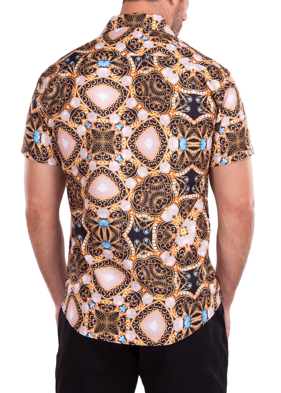 Psychedelic Treasure Chest Print White Button Up Short Sleeve Dress Shirt