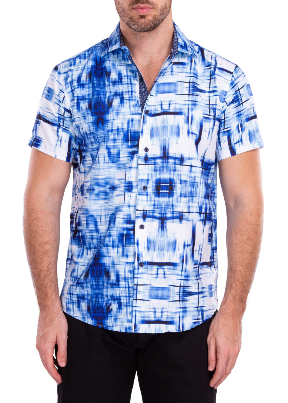 Psychedelic Blue Wash Button Up Short Sleeve Dress Shirt