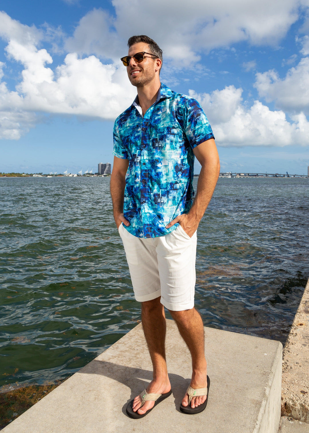 Abstract Geometric Gradient Print Blue Button Up Short Sleeve Dress Shirt