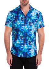 Abstract Geometric Gradient Print Blue Button Up Short Sleeve Dress Shirt
