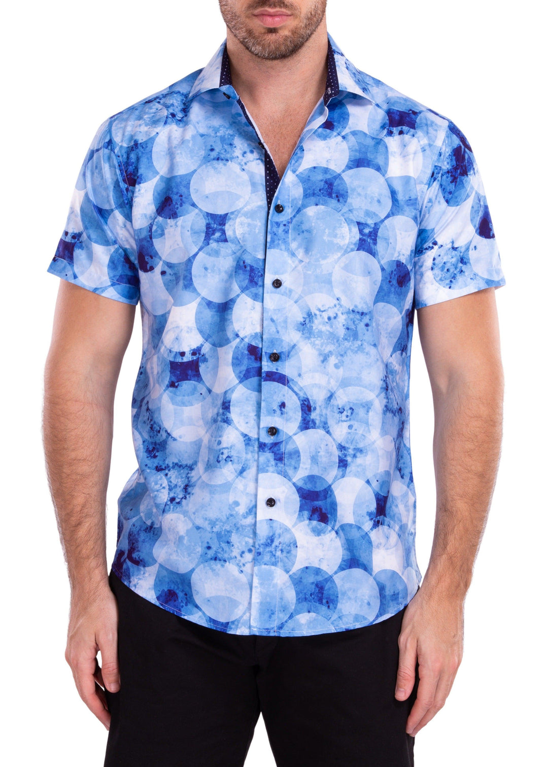 Overlapping Button Up Overlapping Watercolor Circle Print Blue Button Up Short Sleeve Dress ...