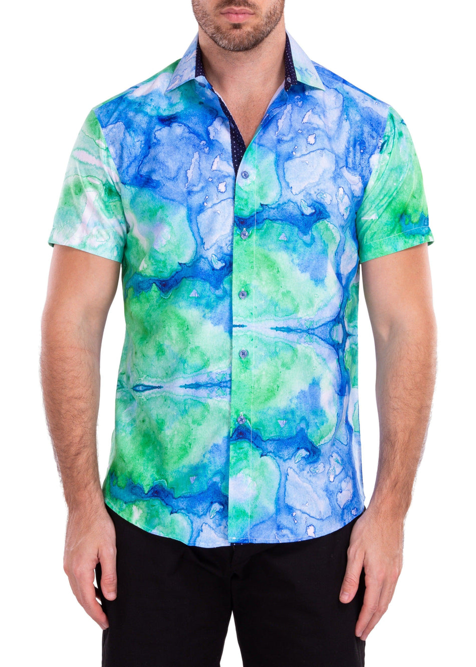 Abstract Watercolor Print Marine Blue Button Up Short Sleeve Dress Shirt