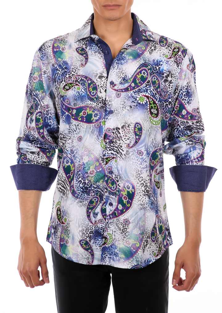 202204 - Men's Blue Button Up Long Sleeve Dress Shirt