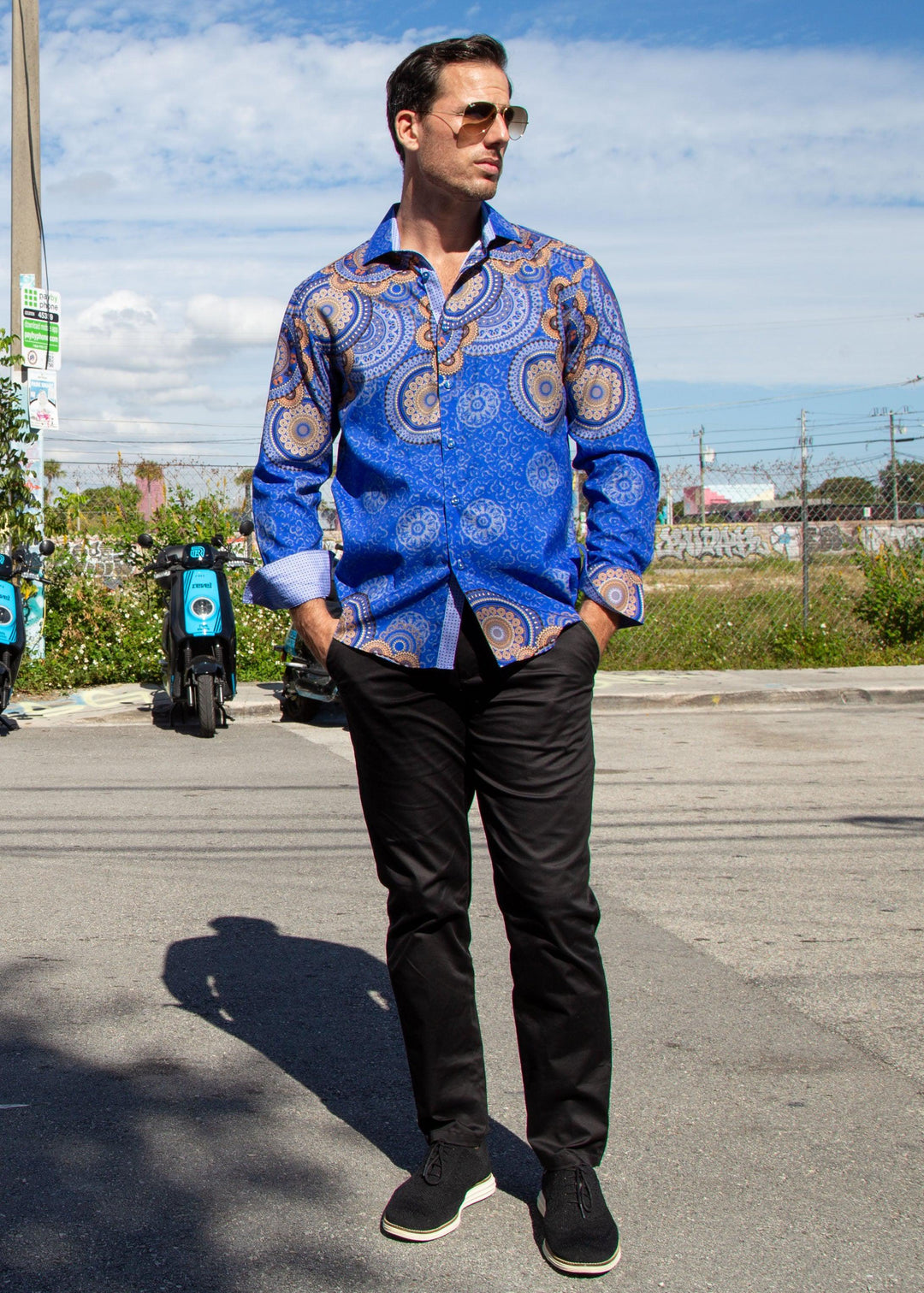 Men's Navy Mandala Button Up Long Sleeve Dress Shirt