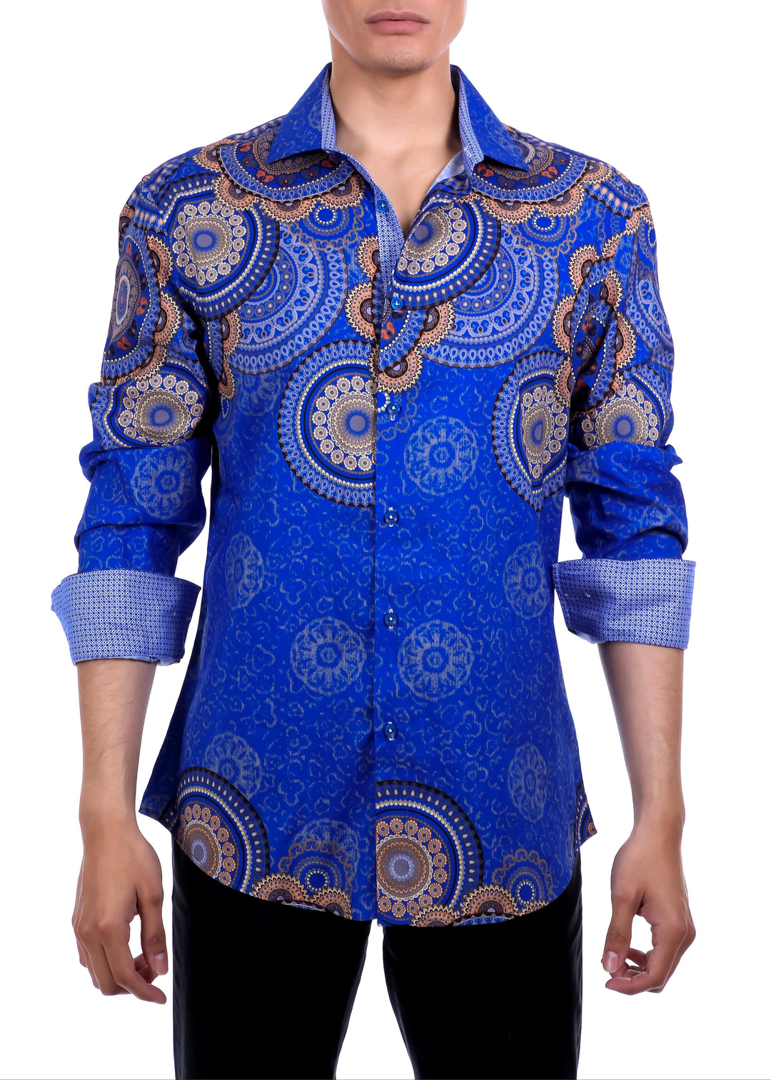 Men's Navy Mandala Button Up Long Sleeve Dress Shirt