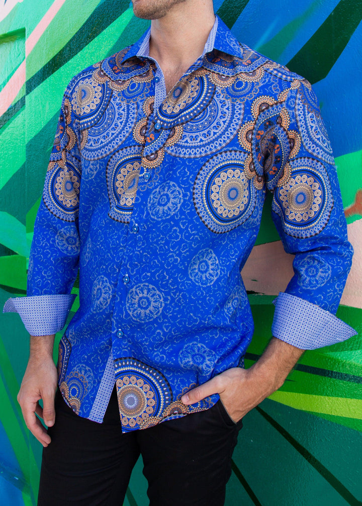 Men's Navy Mandala Button Up Long Sleeve Dress Shirt