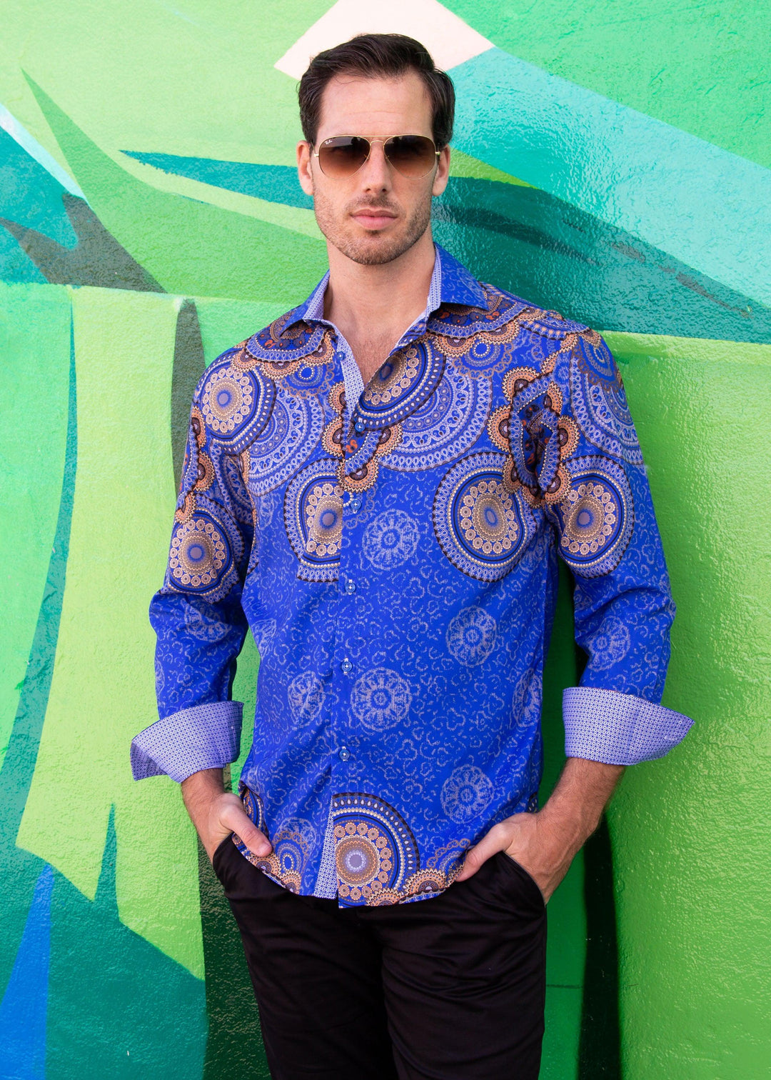 Men's Navy Mandala Button Up Long Sleeve Dress Shirt