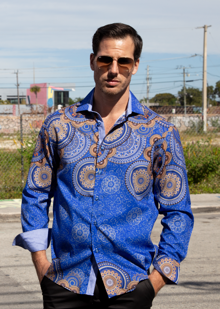 Men's Navy Mandala Button Up Long Sleeve Dress Shirt