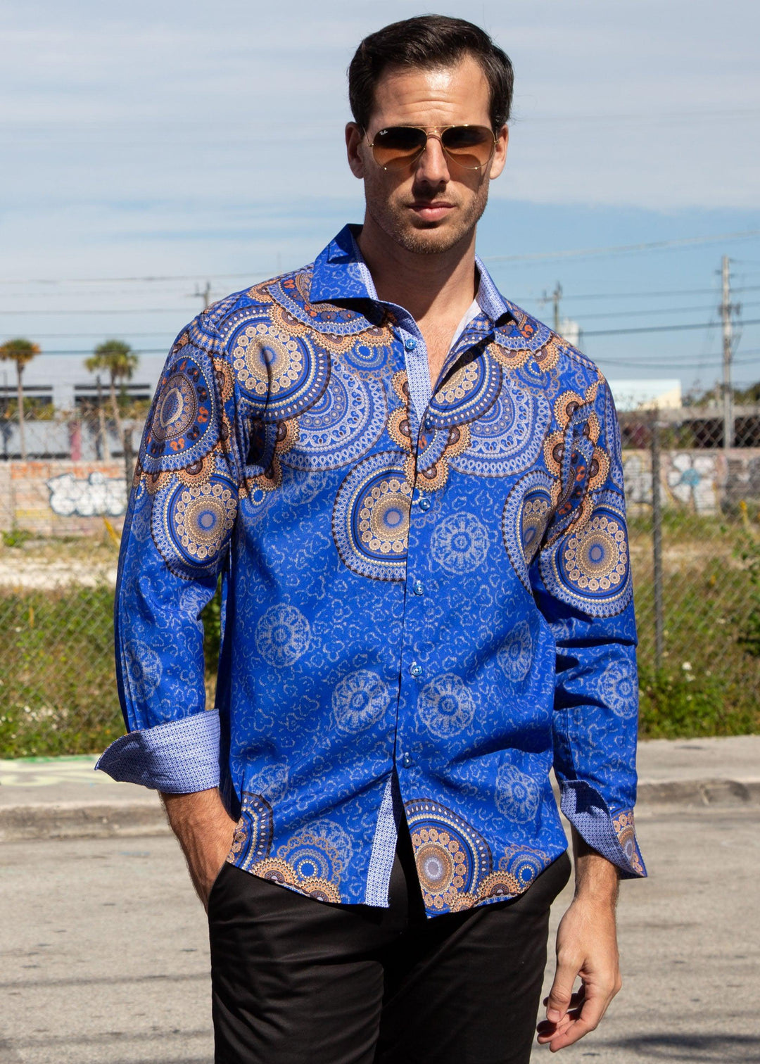 Men's Navy Mandala Button Up Long Sleeve Dress Shirt BESPOKE MODA Men's Navy Mandala Button Up Long Sleeve Dress Shirt BESPOKE MODA